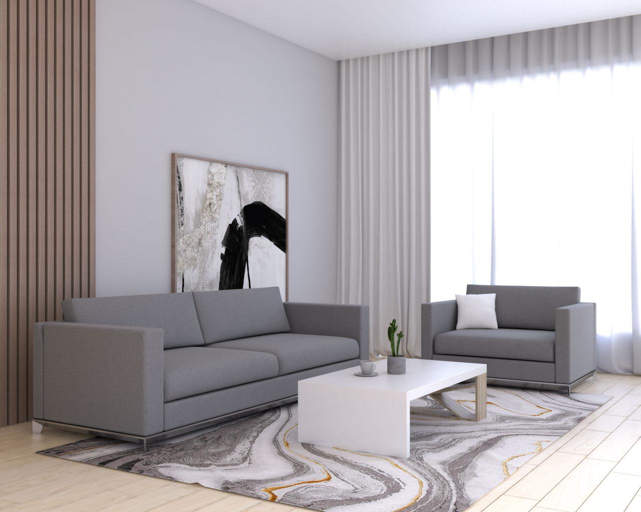White curtains with gray sofa