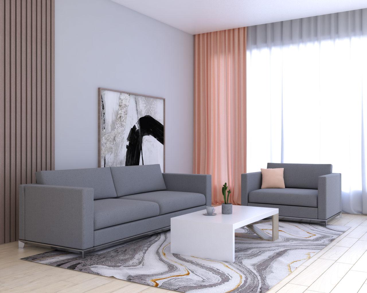 Coral curtains with grey furniture