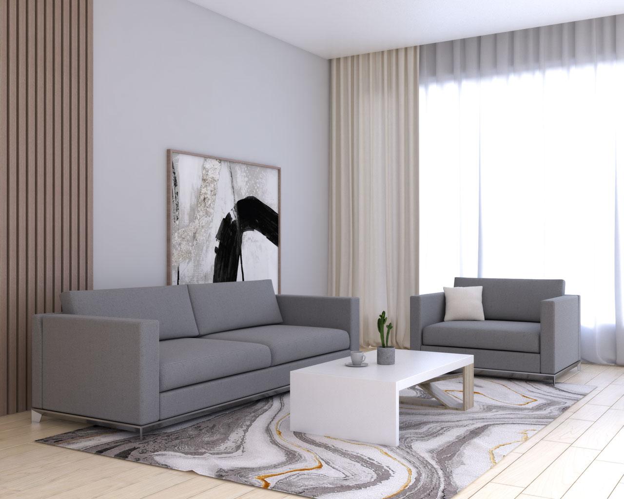 Cream curtains with gray couch