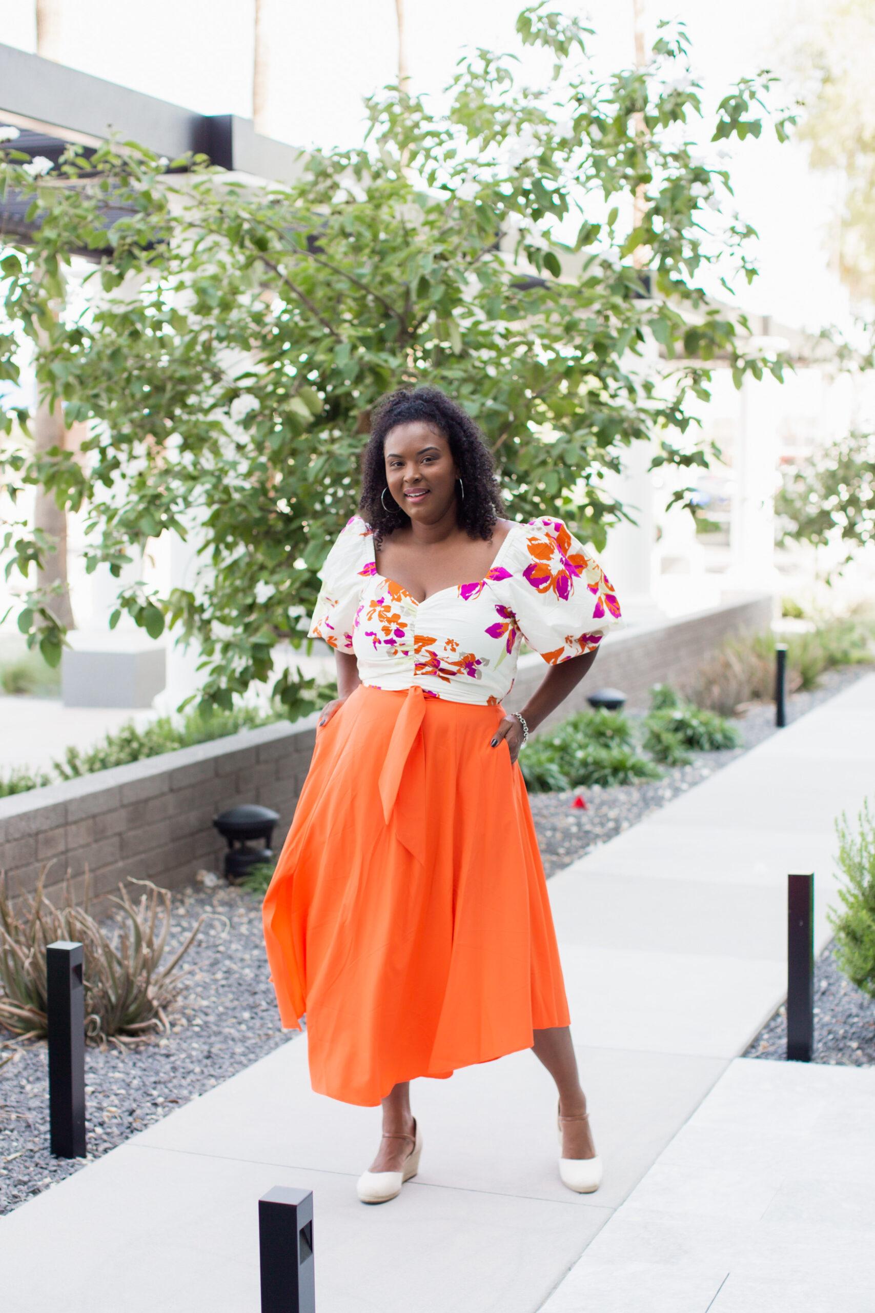 Orange skirt with nude shoes