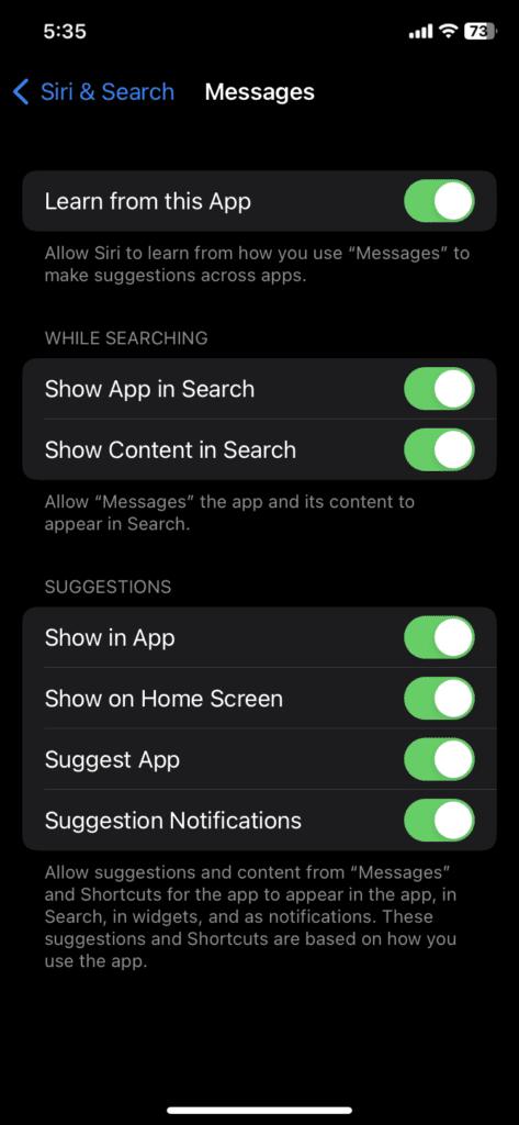 Siri & Search Settings Page