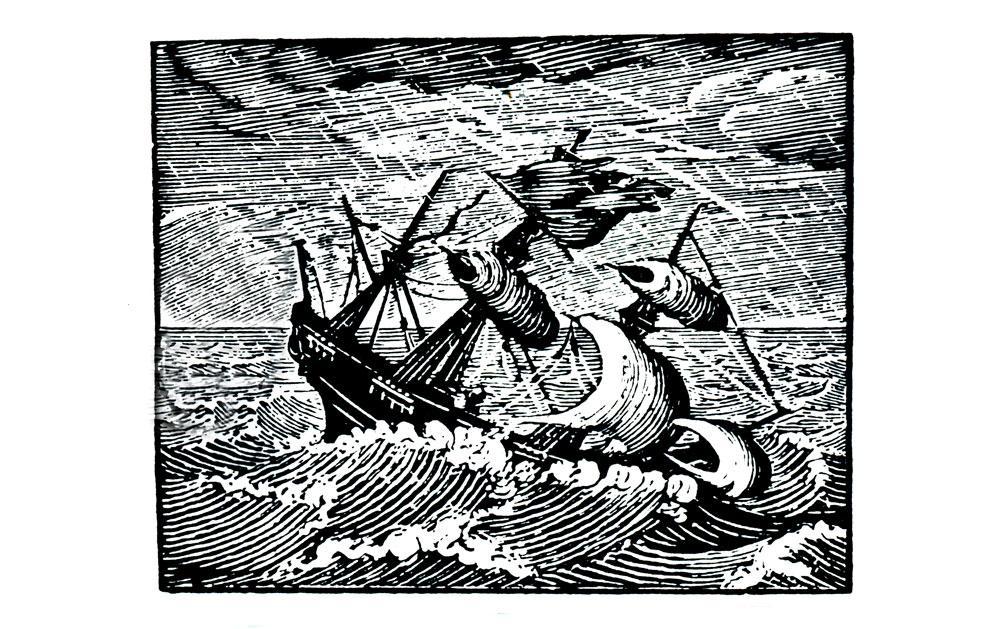 A historic black and white block-print of a ship sailing through stormy seas.