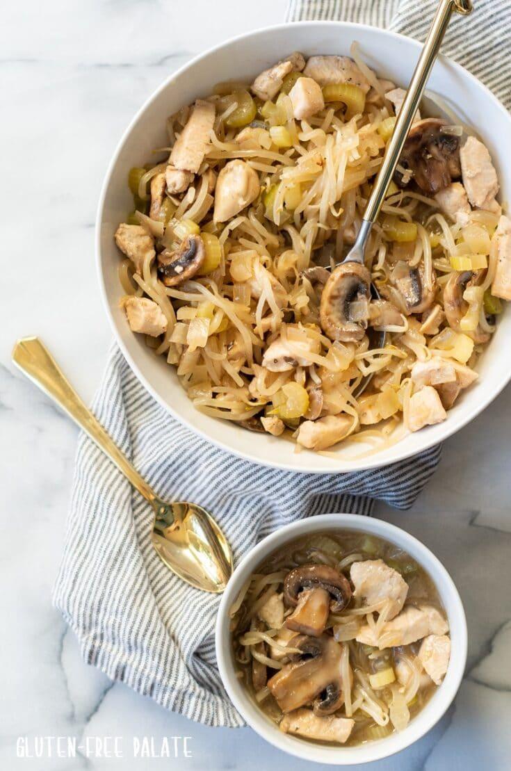 chicken subgum chow mein in a white bowl with a spoon pinterest collage with text in the center