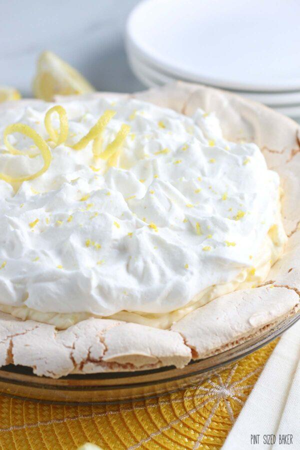 Another view of the finished upside down lemon meringue pie recipe ready to be cut and served.