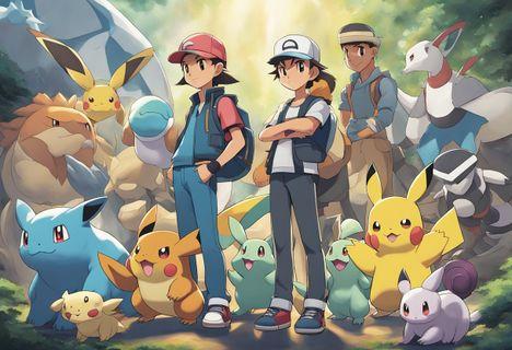 A Pokemon trainer stands confidently, surrounded by their team of diverse and powerful Pokemon. The trainer exudes determination and passion for their craft, ready to take on any challenge