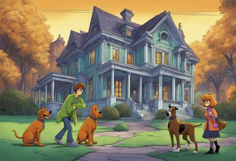 The gang investigates a spooky mansion with Scooby-Doo leading the way, Shaggy cowering behind him, Velma examining clues, and Daphne striking a pose
