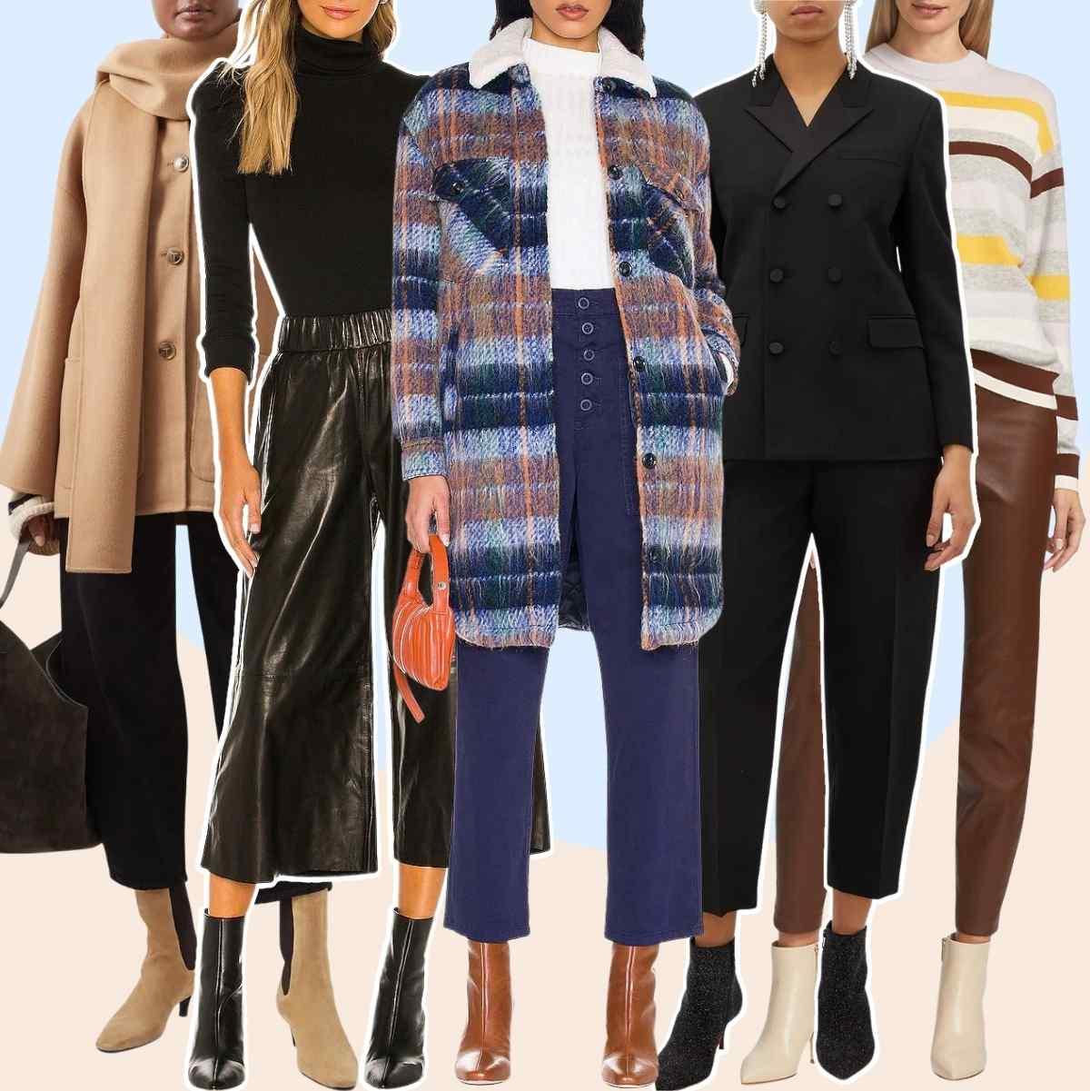 Collage of 4 women wearing cropped dress pants with knee high boots.