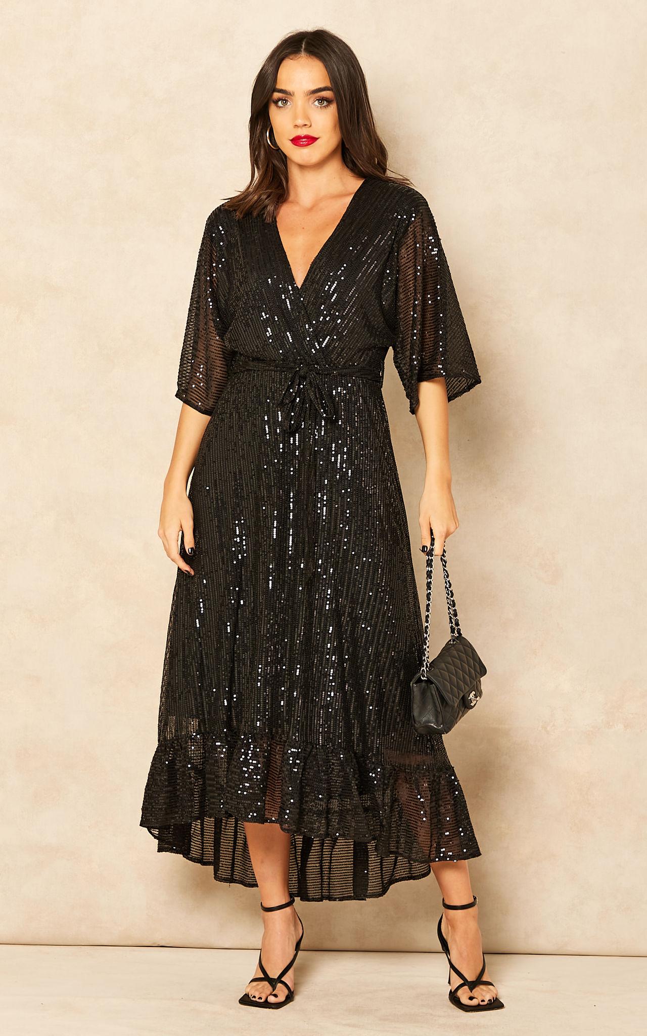 Rose Gold Deep V Sequin Wrap Over Dress