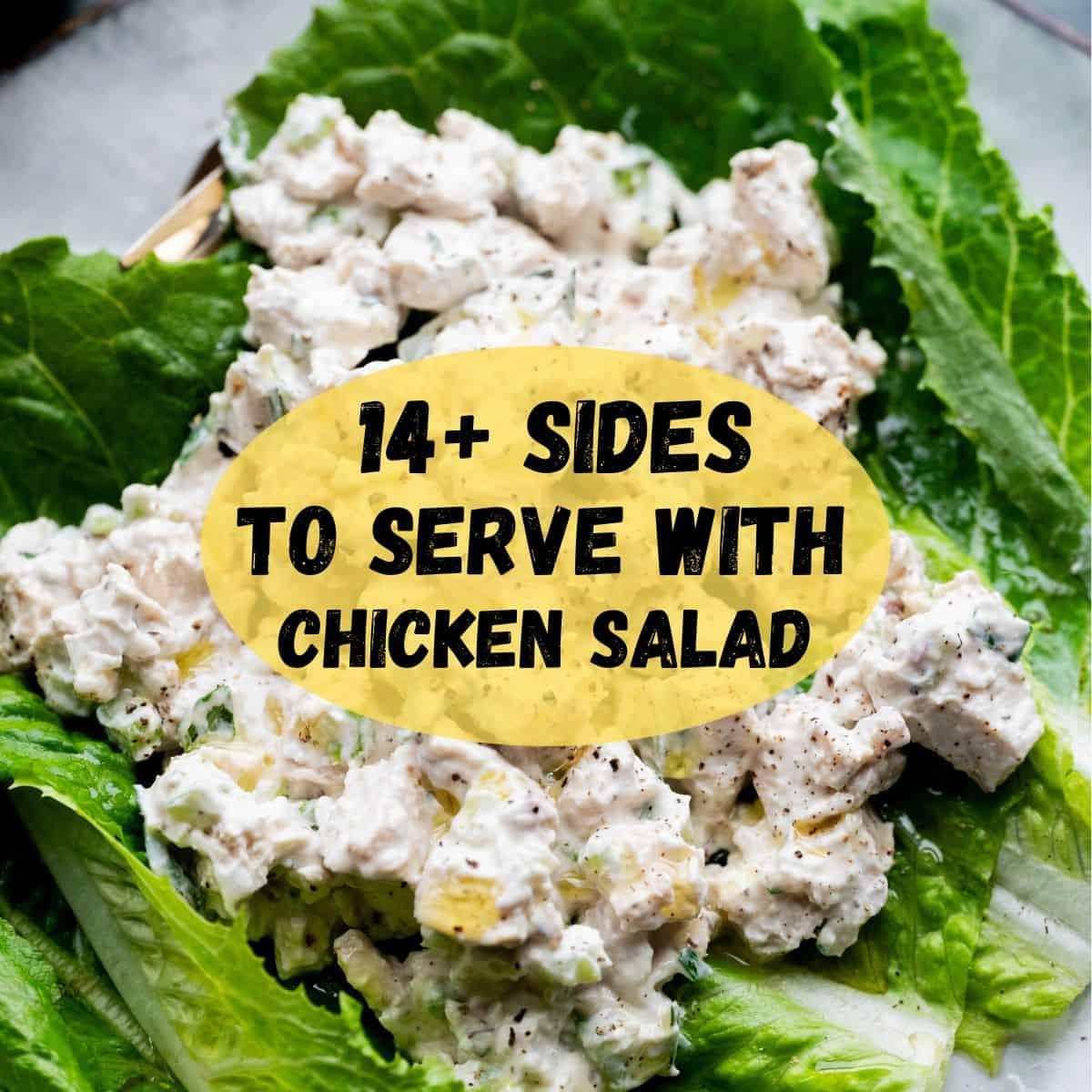 Image of chicken salad with text overlay that says "14+ sides to serve with chicken salad".