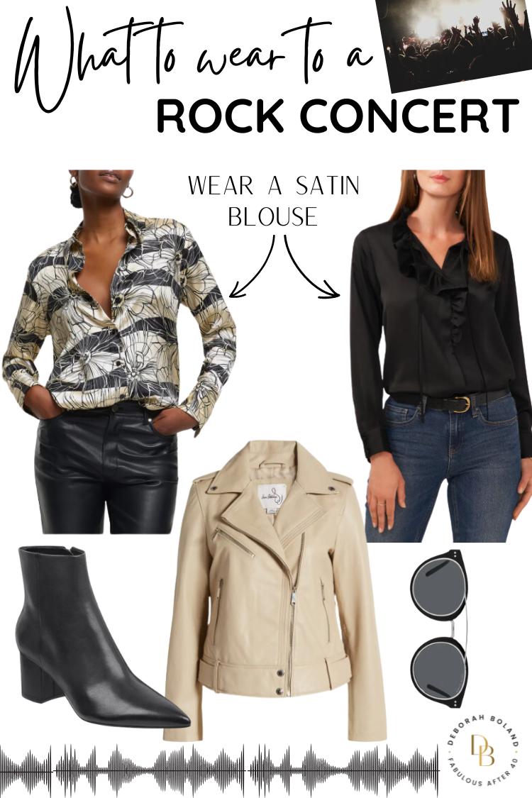 What to wear to a rock concert - satin blouse, jeans, leather pants, leather jacket