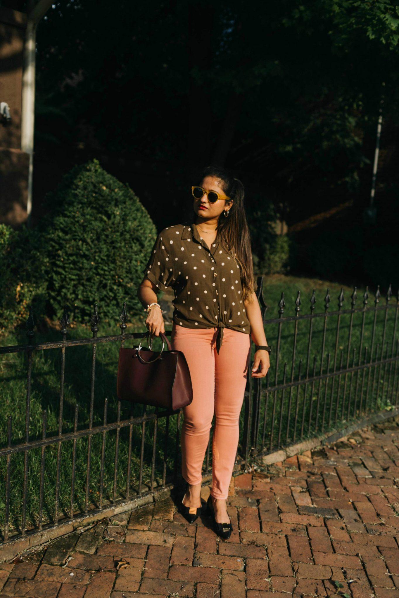 Lilac and pink outfit, wearing daily edited Pale Pink Circle Bag | Jen7 Pink jeans featured by popular US modest fashion blogger, Dreaming Loud