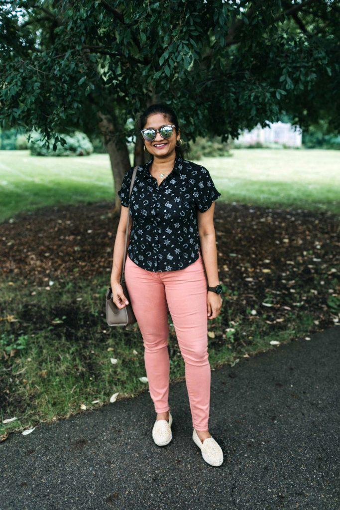 wearing castaner carina wedges in green 1 with daily edited Pale Pink Circle Bag | Jen7 Pink jeans featured by popular US modest fashion blogger, Dreaming Loud