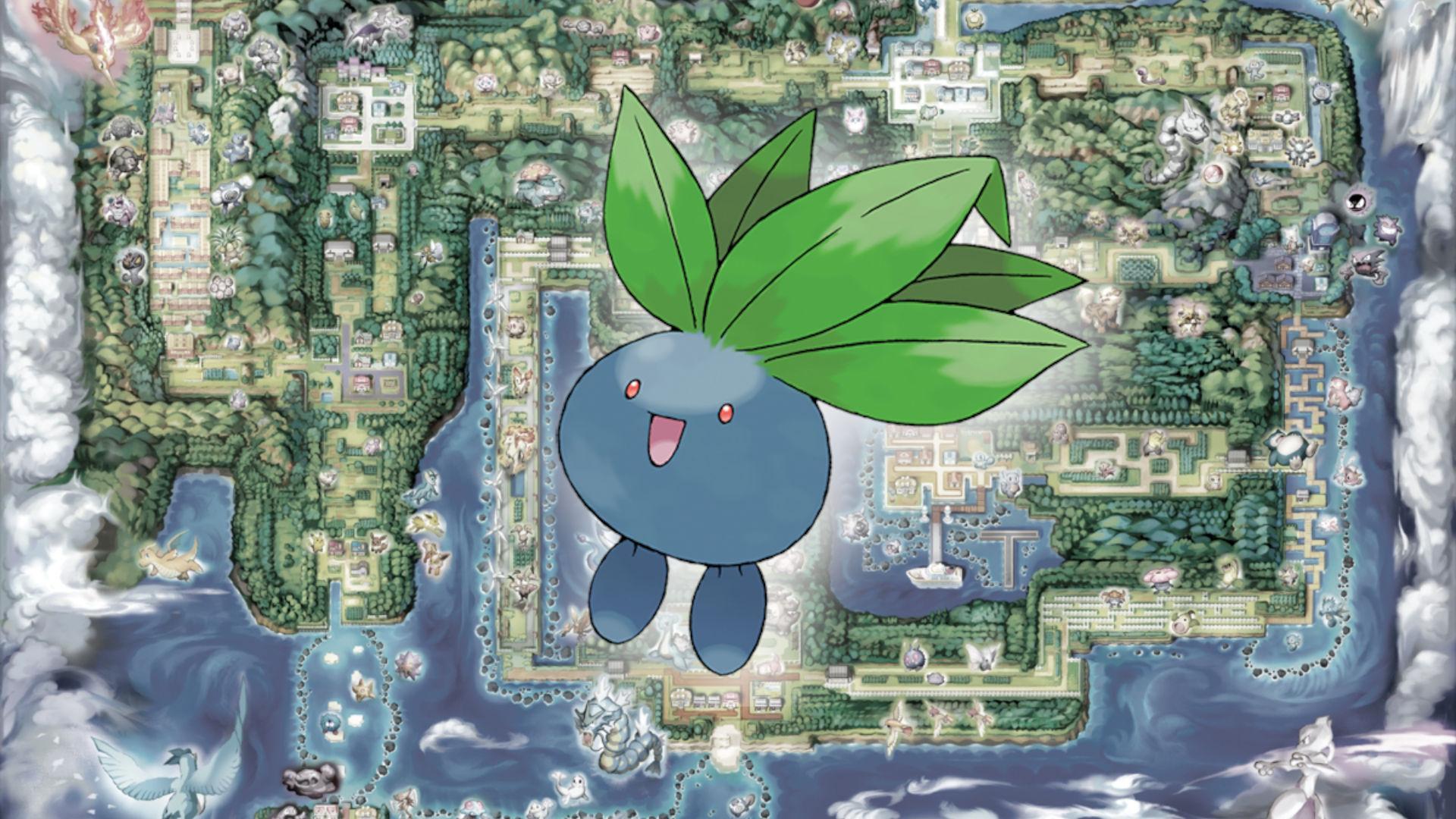 Gloom evolution - Oddish in front of a map of Kanto