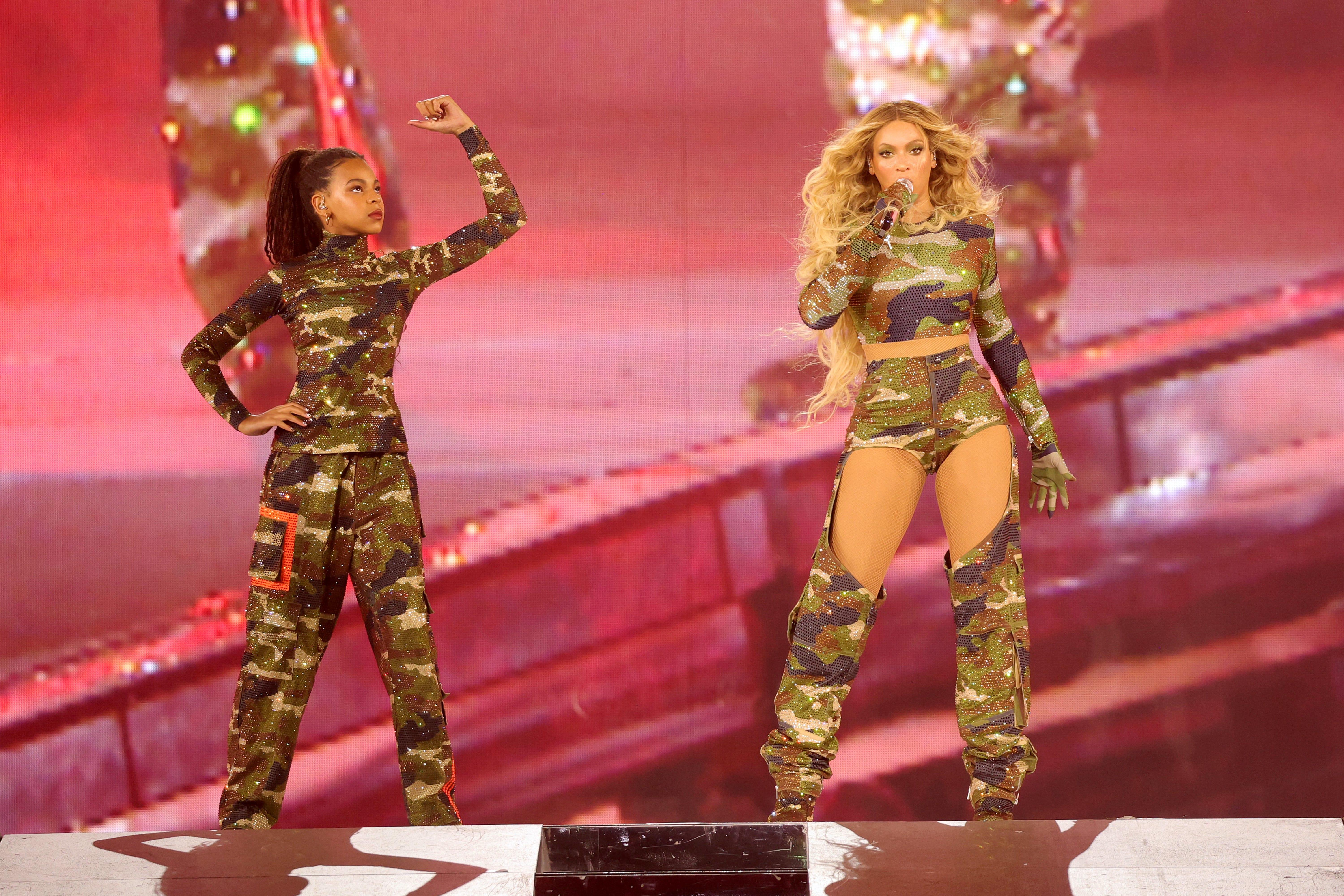 Blue Ivy Carter and Beyoncé perform onstage during the "Renaissance World Tour" at Mercedes-Benz Stadium in Atlanta, Georgia, on Aug. 11, 2023.