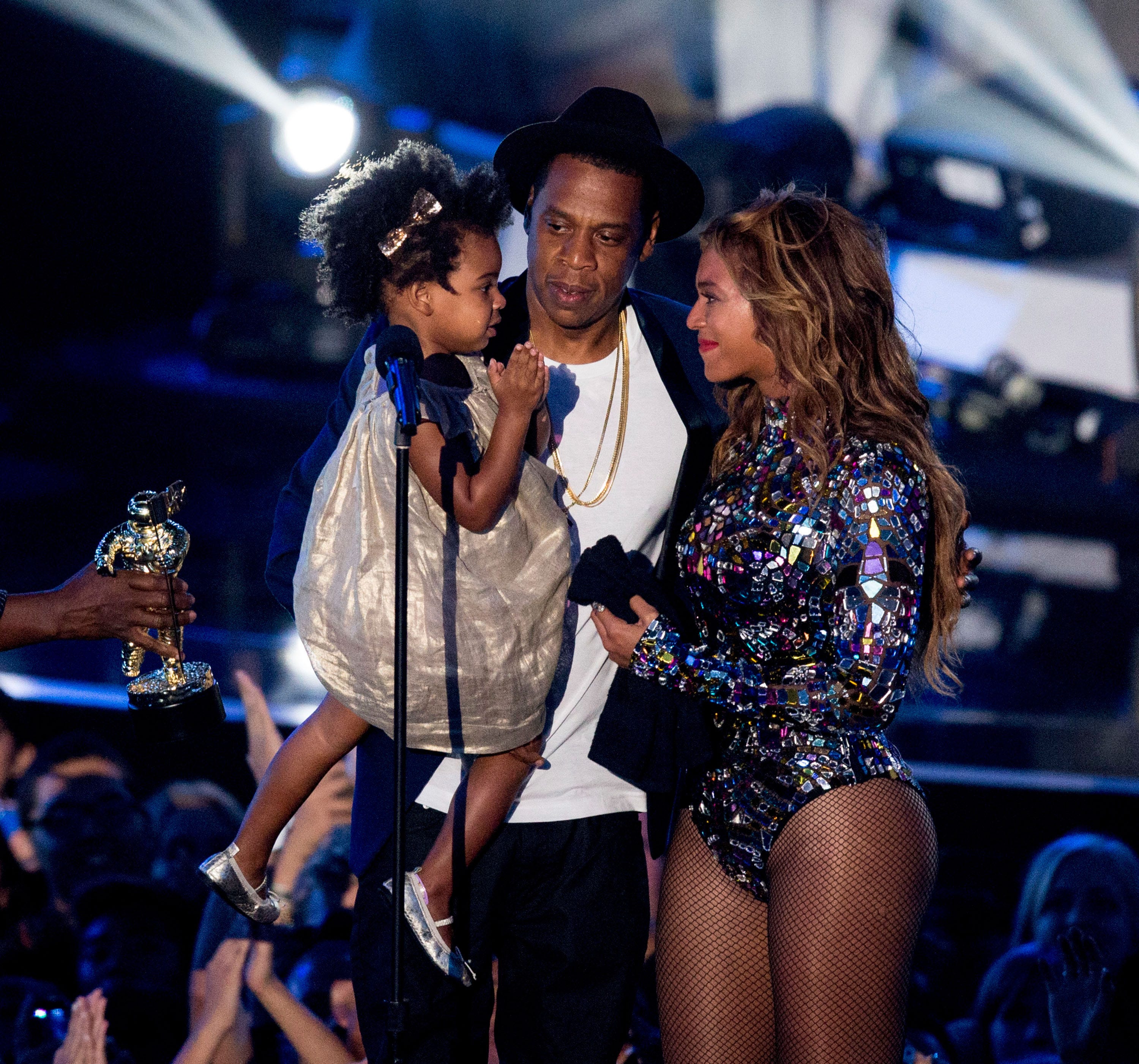 Rapper Jay-Z and singer Beyoncé with daughter Blue Ivy Carter onstage during the 2014 MTV Video Music Awards at The Forum on Aug. 24, 2014, in Inglewood, California.