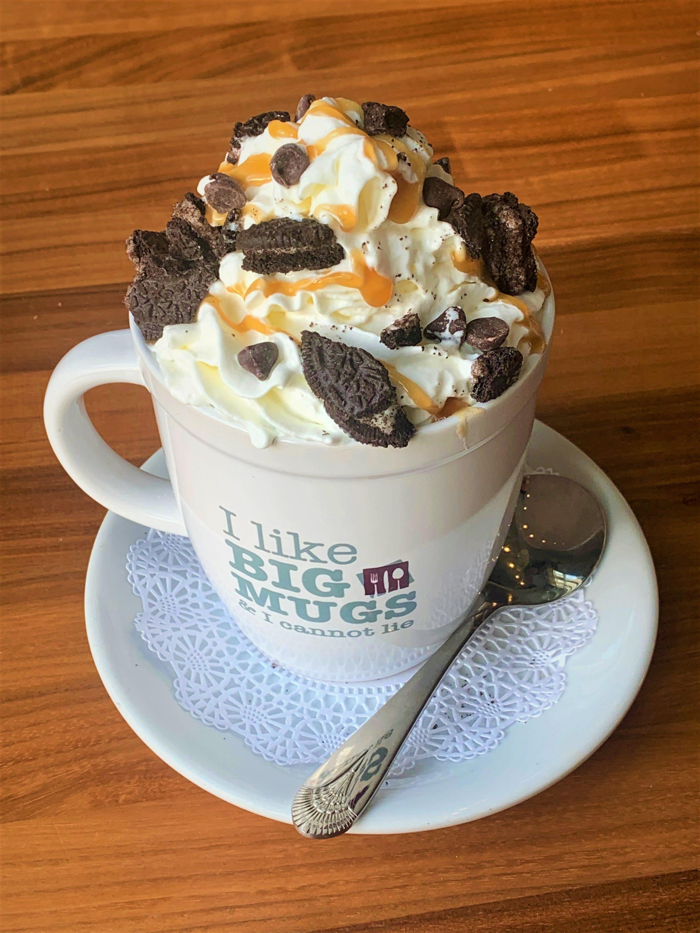 Turning Point in the Christiana Fashion Center sells a Cookie Explosion Hot Chocolate, topped with whipped cream, caramel sauce drizzle, crushed Oreos and chocolate chips.