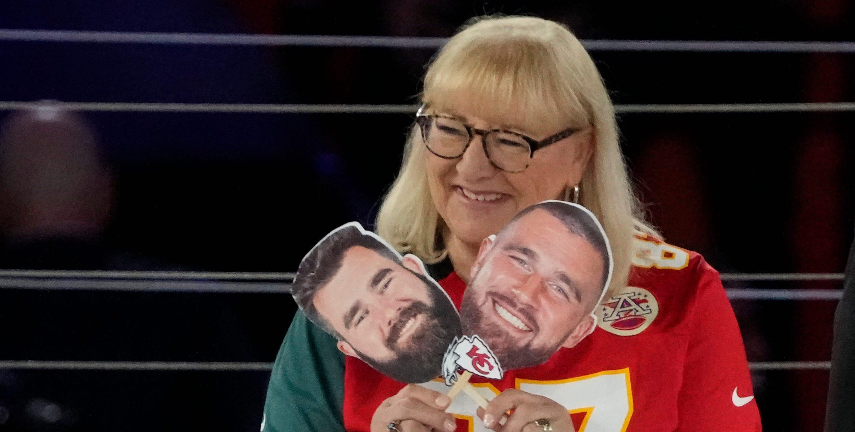Donna Kelce answers questions about her sons, Philadelphia Eagles center Jason Kelce, left, and Kansas City Chiefs tight end Travis Kelce, during Super Bowl Opening Night on Feb. 6, 2023.