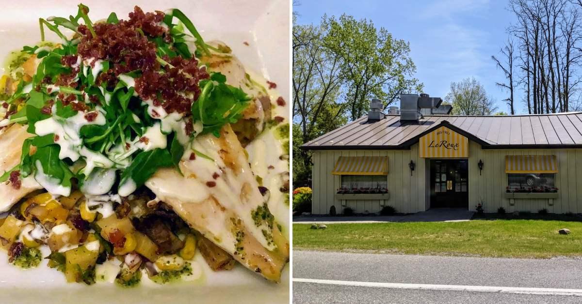 split image with rainbow trout dish plated on the left and exterior of bistro leroux on the right