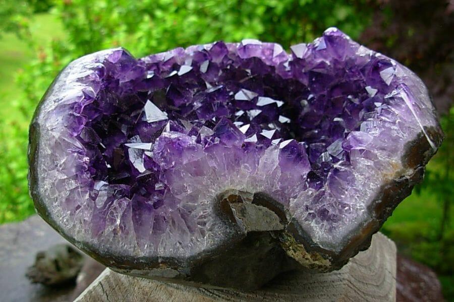 A pretty amethyst geode on a piece of log