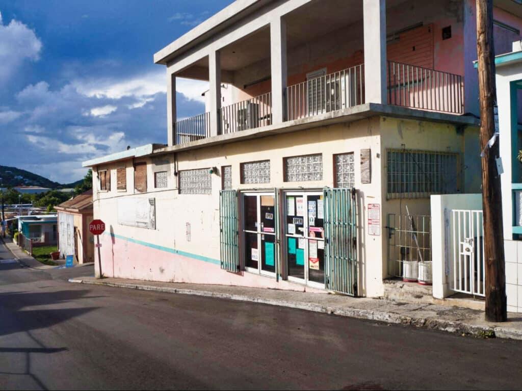 View of an open pharmacy in the downtown of Culebra