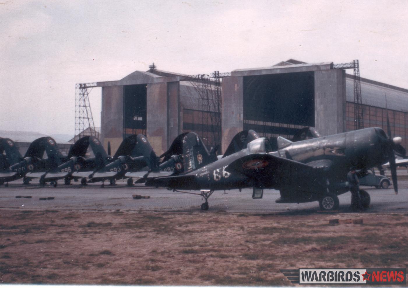 Tired Aeronavale F4U-7 Corsairs in storage in France. (photo via Stephen Chapis)