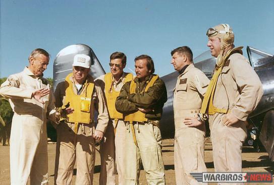 Some of the pilots on the set of Baa Baa Black Sheep: (l-r) Frank Tallman, unk, John Schaffhausen, Tom Friedkin , unk Junior Burchinal, Dan-Friedkin. (photo via Stephen Chapis)