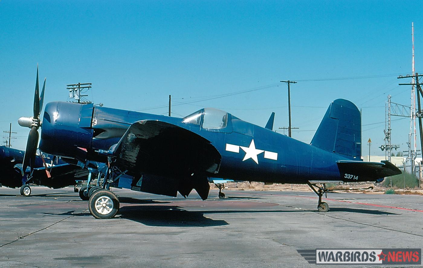 F4U-7 Bu.133710 in her Baa Baa Black Sheep markings at Van Nuys air port on August 11th, 1976. (photo via John Kerr)