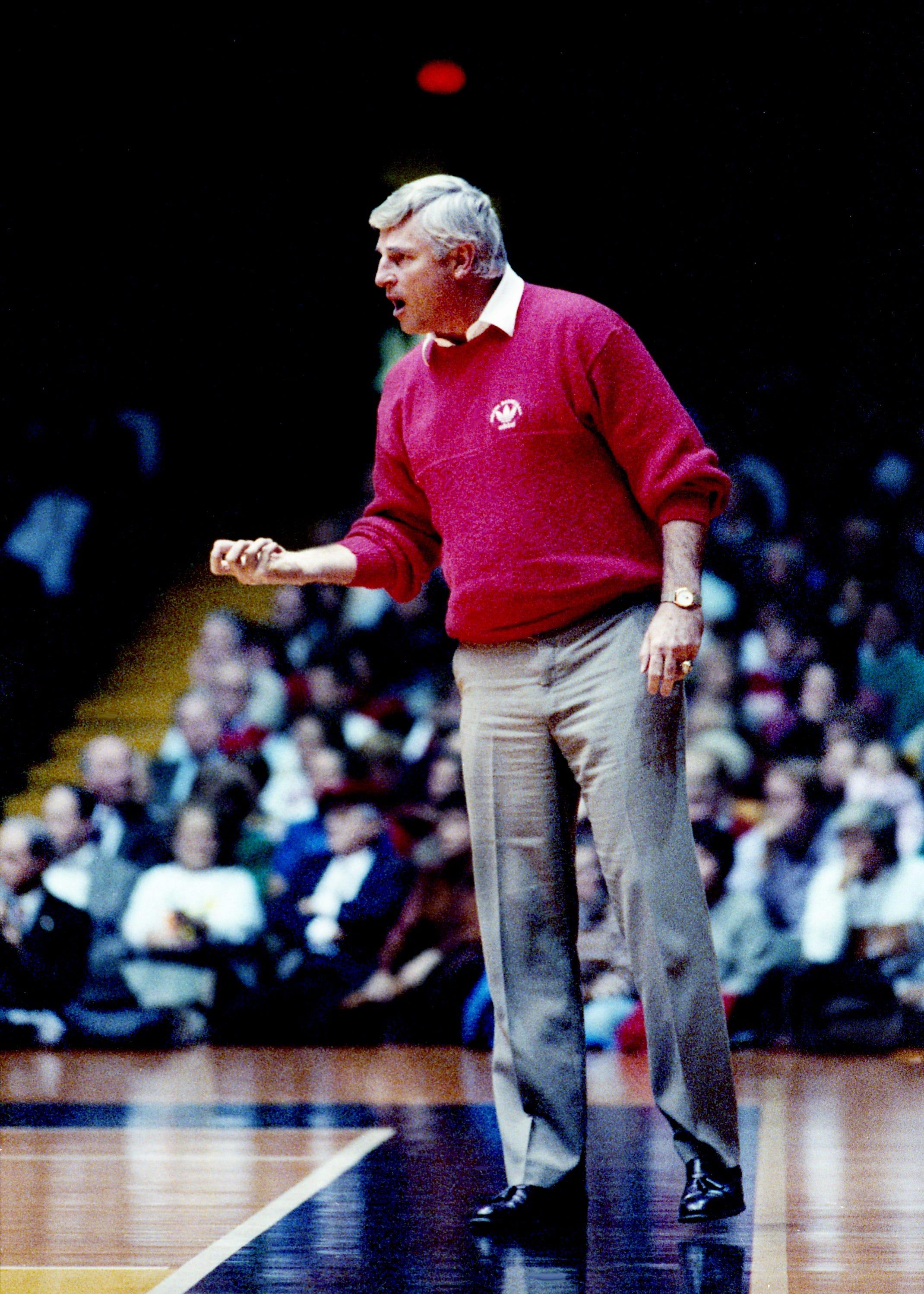 Indiana coach Bobby Knight instructs one of his players in their 84-73 road victory over Vanderbilt before a crowd of 15,378 fans at Memorial Gym on Dec. 4, 1990.