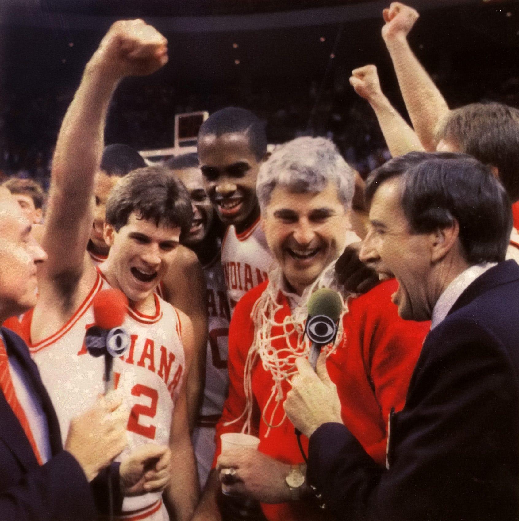 Indiana coach Bob Knight celebrates the Hoosiers