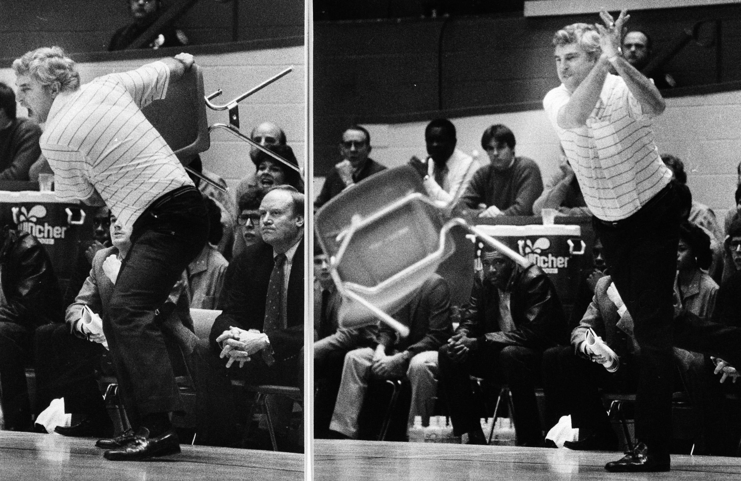 This Feb. 23, 1985, file photo shows Indiana coach Bob Knight winding up and pitching a chair across the floor during Indiana