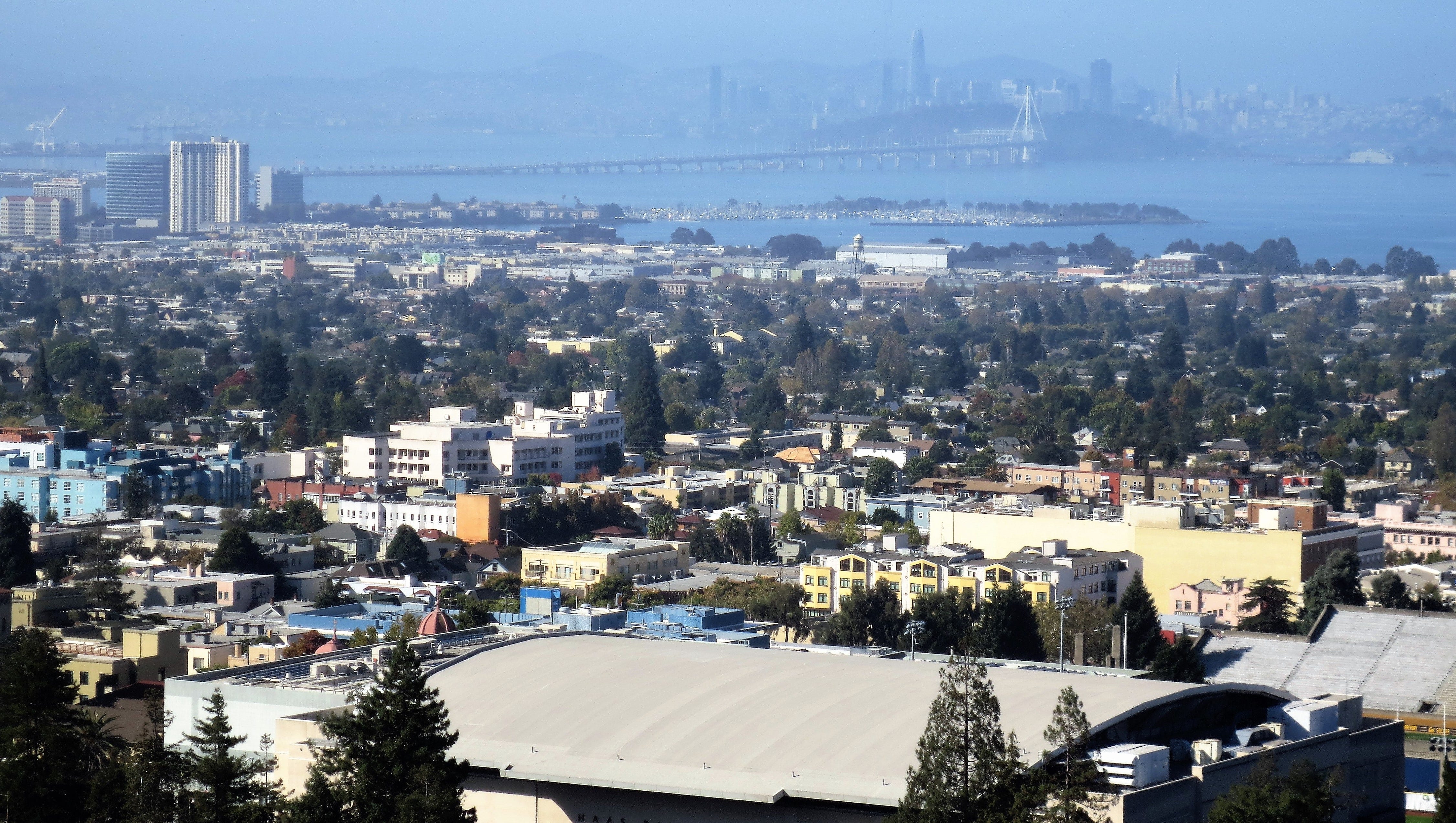 The view from the top of Sather Tower with downtown San Francisco visible across the bay.