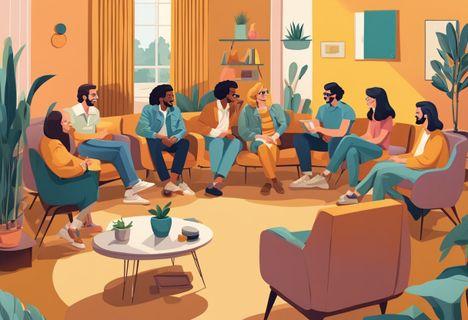 A group of friends sitting in a circle in a retro-themed living room, surrounded by 70s decor and furniture, laughing and chatting
