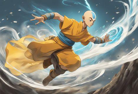 Aang bending air, surrounded by swirling gusts and floating debris