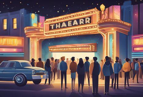 A bustling theater marquee with vibrant lights and a crowd of excited theatergoers lining up outside