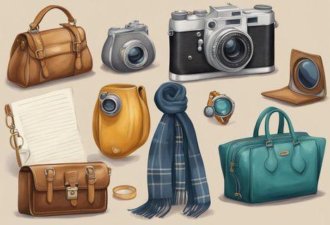 Four distinct objects representing the main characters' personalities, such as a vintage camera, a stylish scarf, a mysterious note, and a designer handbag
