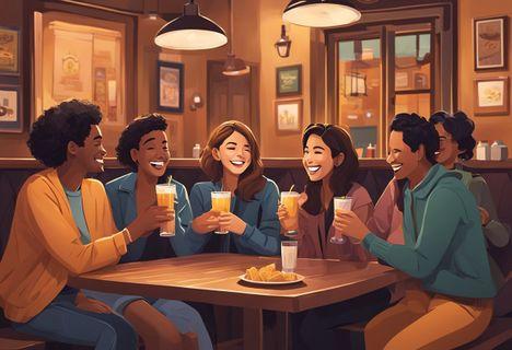 A group of friends sitting in a cozy booth at a bar, laughing and enjoying each other's company. Drinks and snacks are scattered across the table, and there is a warm, inviting atmosphere