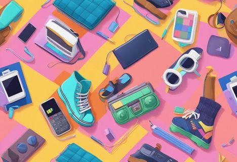 A group of iconic 90s fashion items, like plaid skirts, knee-high socks, and flip phones, are arranged on a colorful background