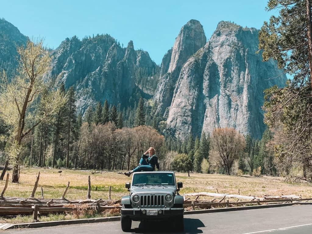 A car on the road in yosemite National Park.