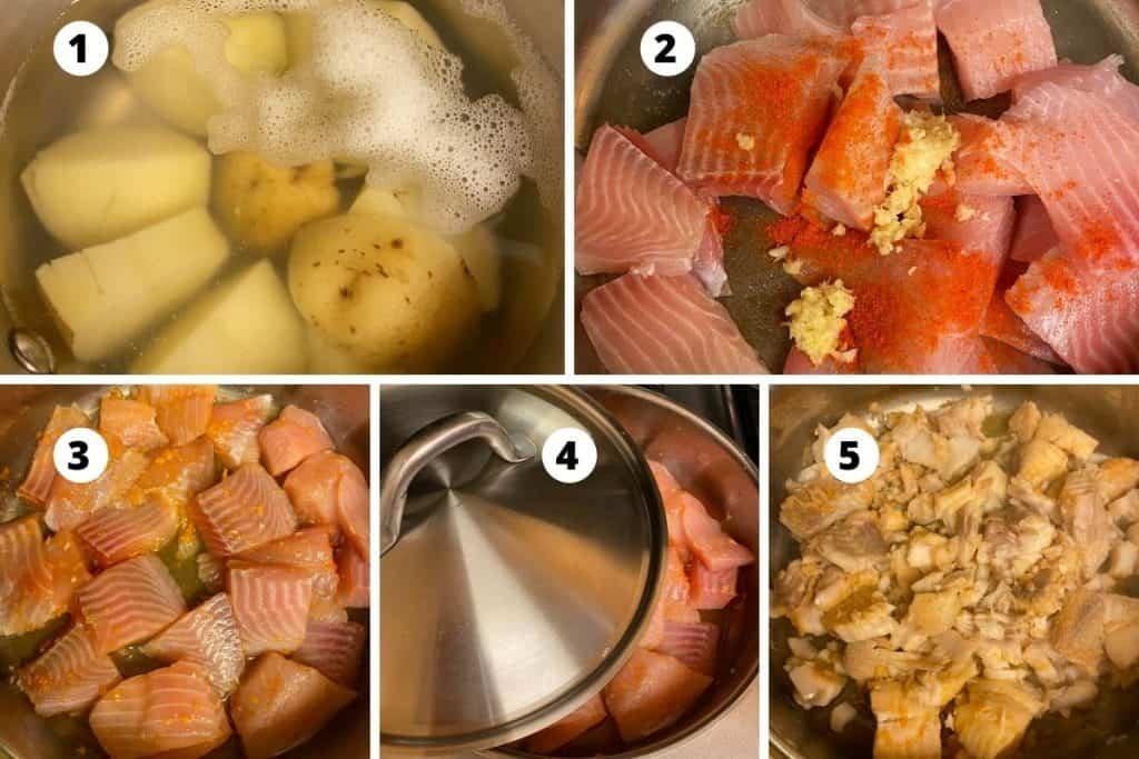 Collage of Sbs Prep - Sauteing onion, spices, potato and tilapia.