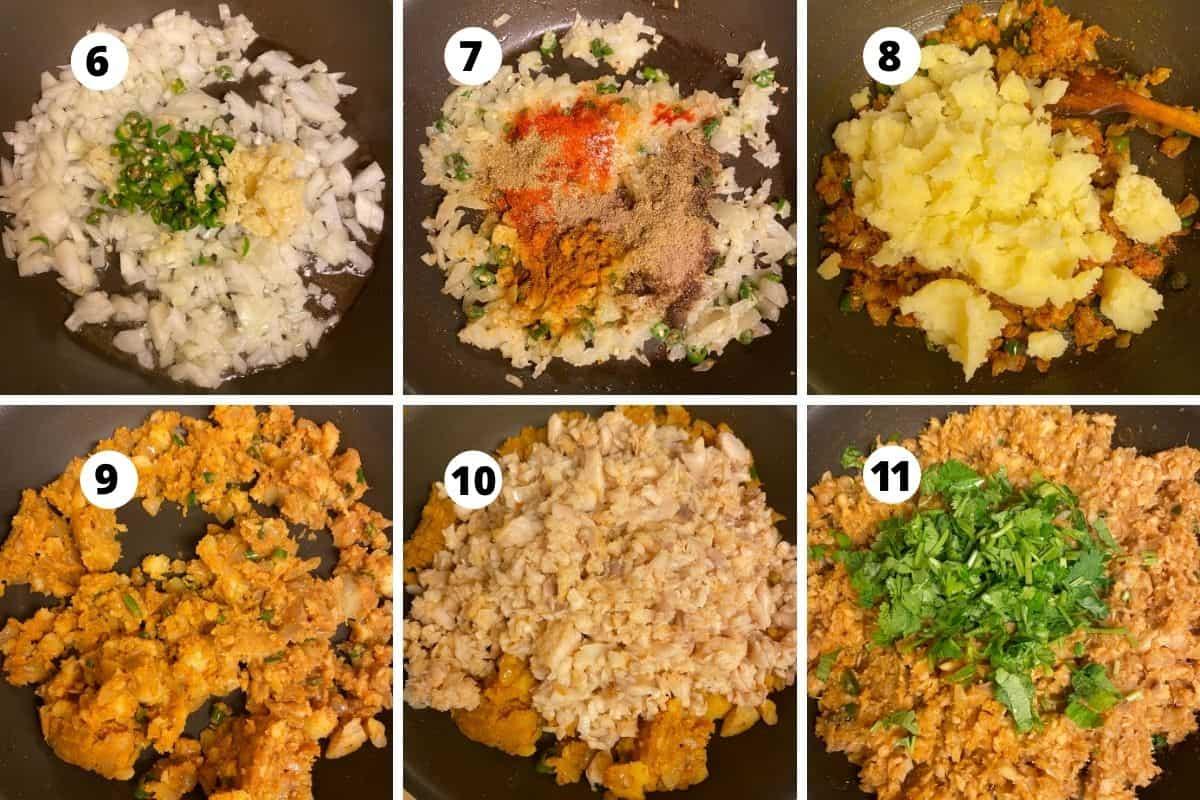 Collage sbs Prep - cooling the fish mixture, shaped cutlets and pan frying cutlets.