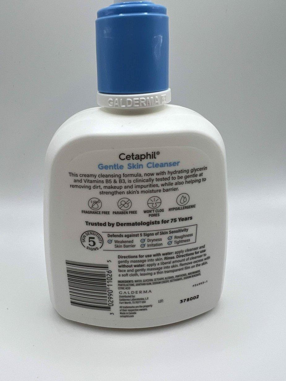back of the Cetaphil Gentle Skin Cleanser bottle, showing label