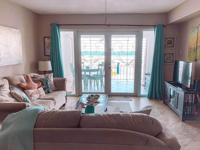 Sea views through patio doors at St Croix condo