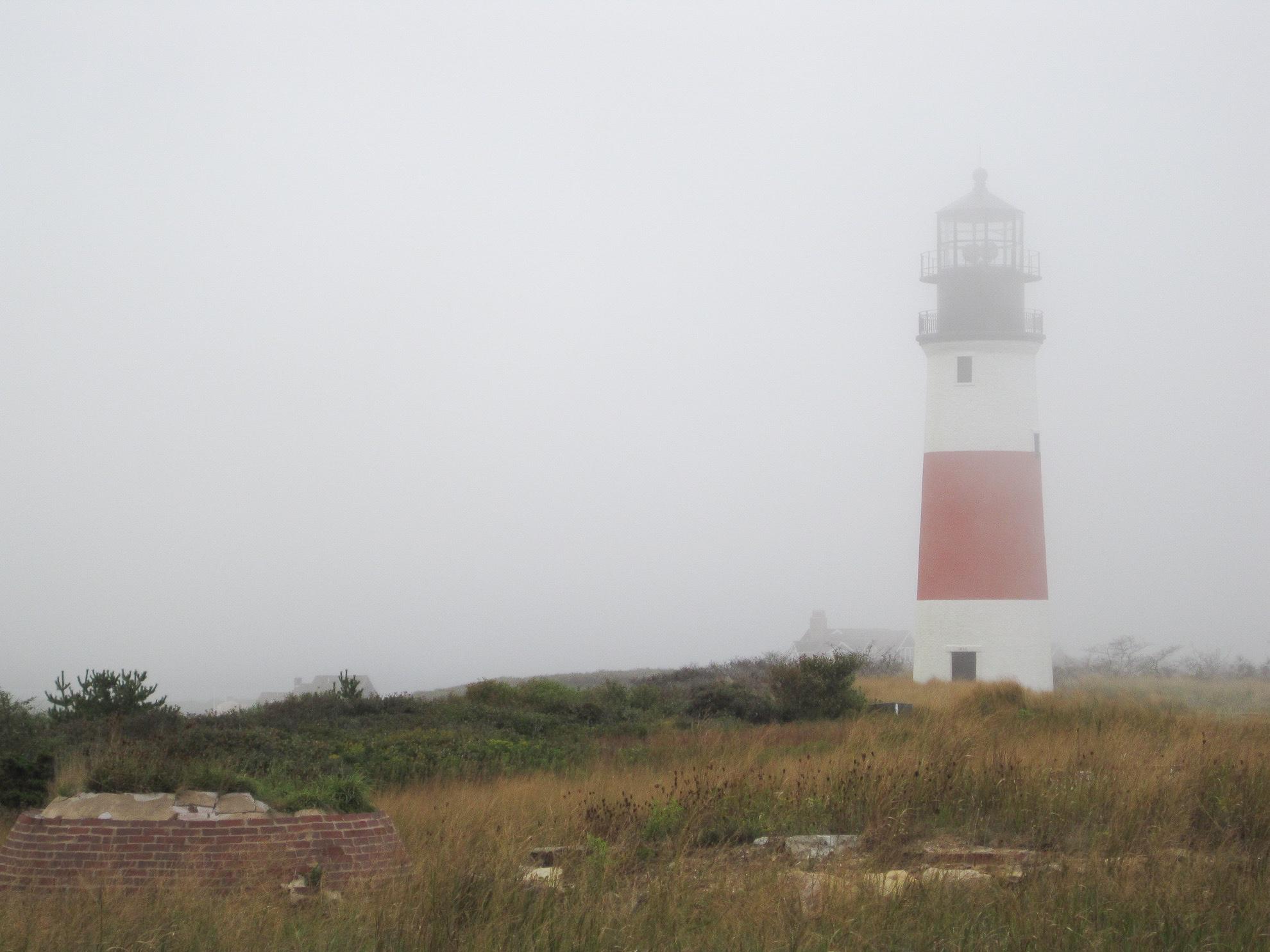A lighthouse obscured by fog in Nantucket.