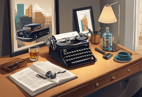 A stylish office desk with a vintage typewriter, a sleek rotary phone, and a glass of whiskey. A framed advertisement for a classic car hangs on the wall