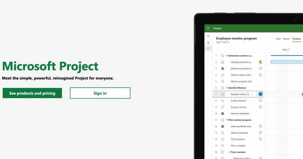 Microsoft project landing page