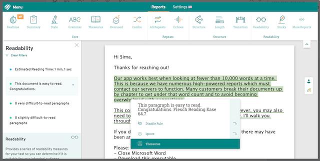 ProWritingAid's Readability Report Screenshot