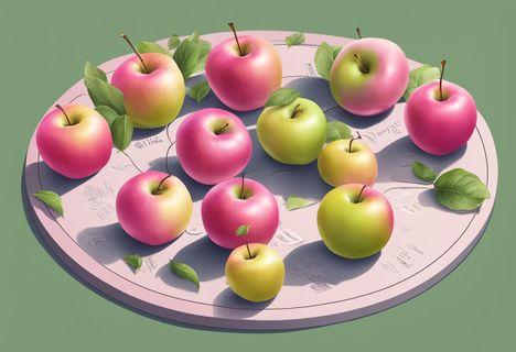 A group of pink lady apples arranged in a circle, each with a different personality trait written on a small sign next to it