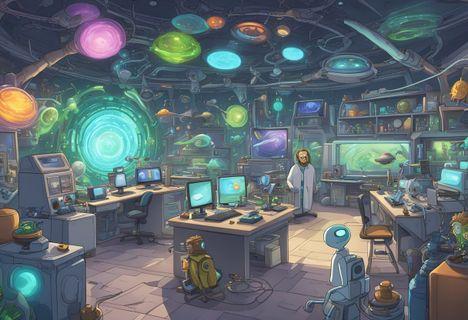 A chaotic lab with alien gadgets and portals, Rick and Morty's spaceship, and quirky characters