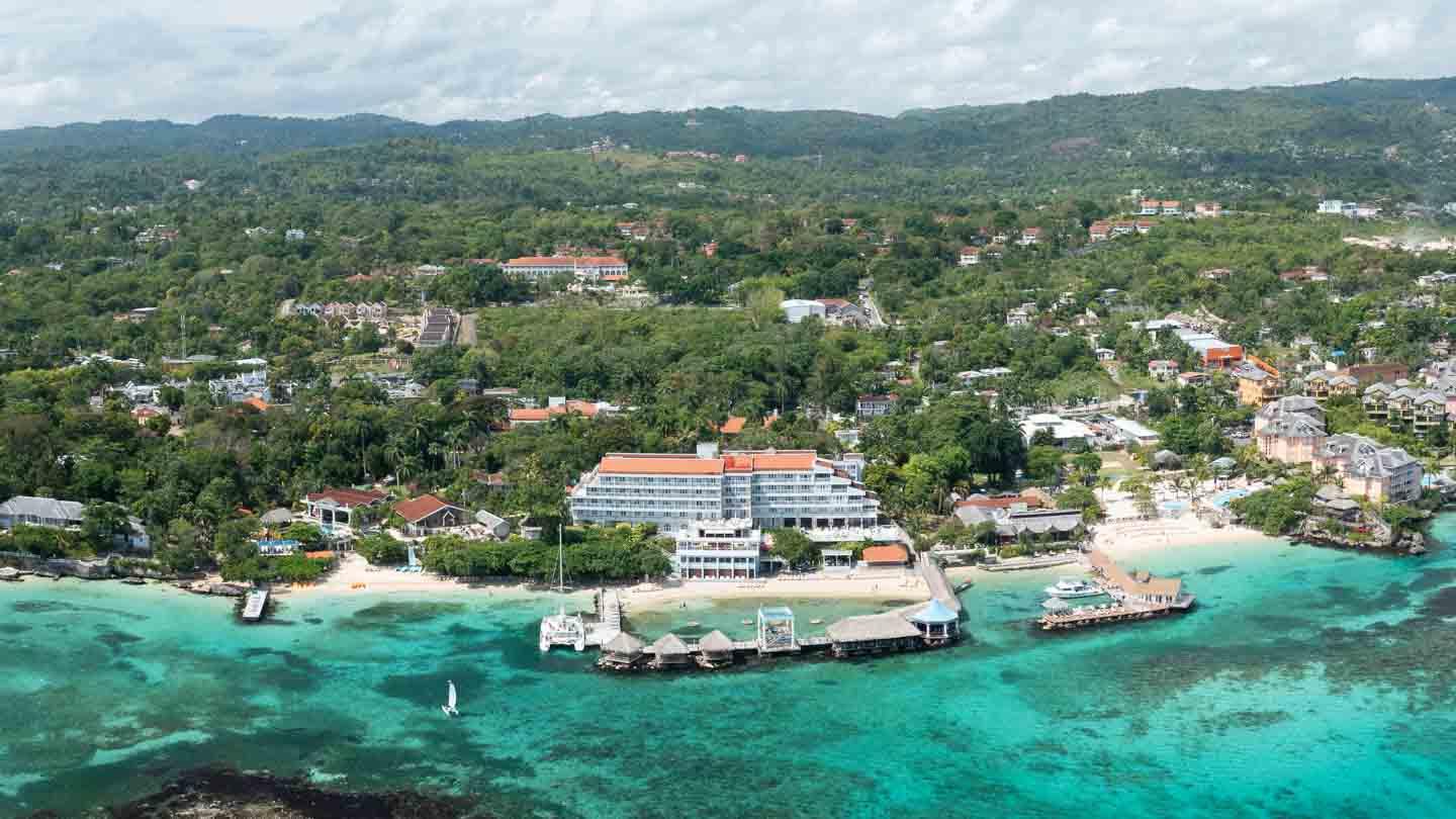 Aerial view of the Sandals Montego Bay Resort showing the Rooms and Beachfront Restaurants - Jamaica