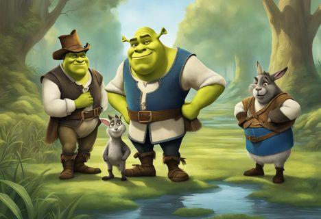 Shrek, Donkey, and Puss in Boots stand in a swamp, with Shrek looking grumpy, Donkey talking animatedly, and Puss in Boots posing confidently
